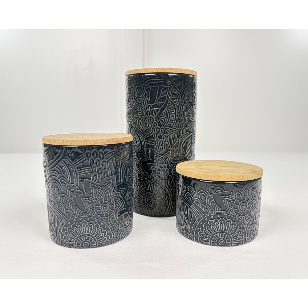 Atelier Ceramic Kitchen Canister Set 3 Piece Blue Embossed Floral Wood Lids